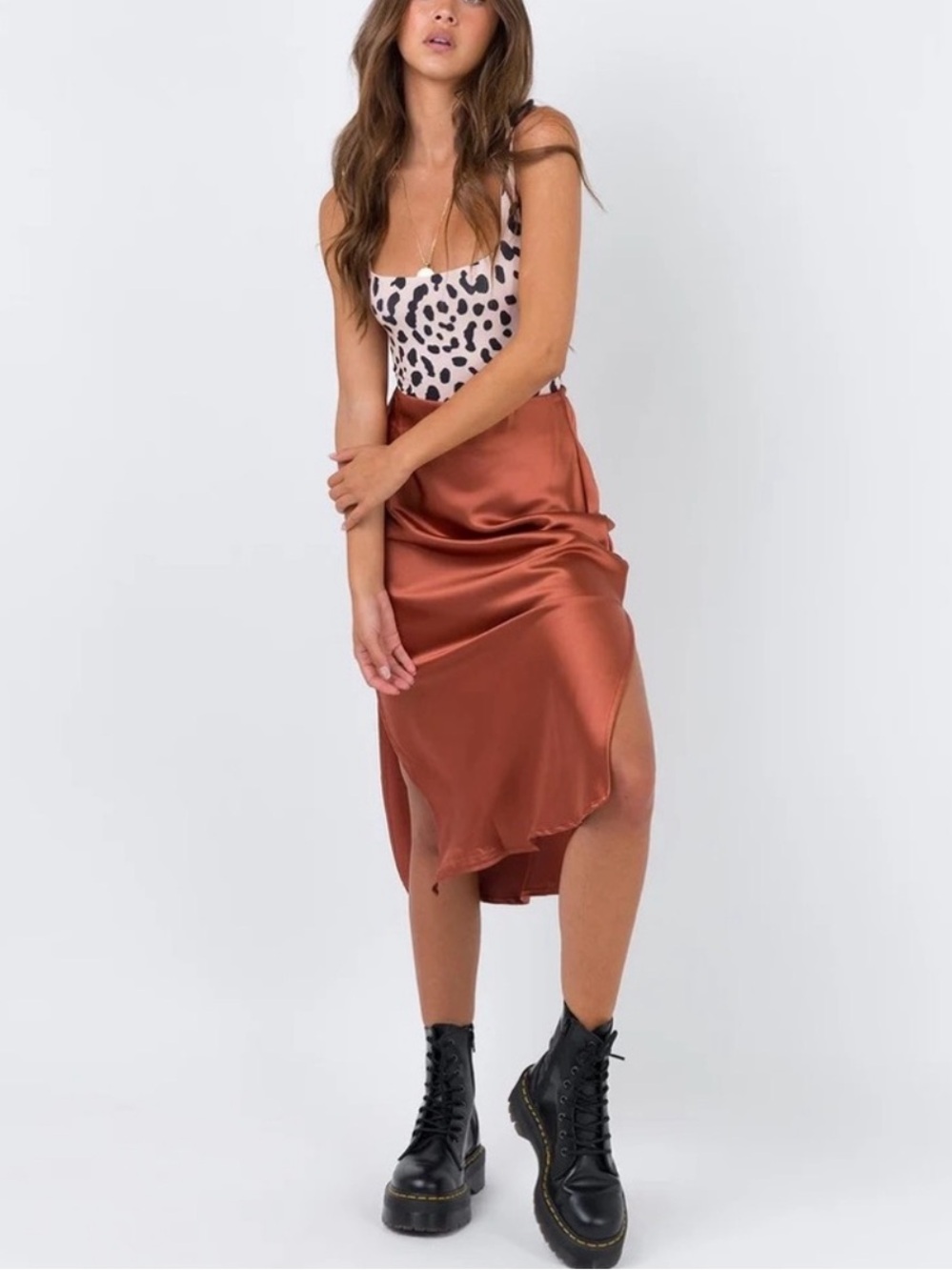 Princess Polly Copper Satin Midi Slip Skirt